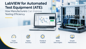 LabVIEW for Automated Test Equipment (ATE) with a test rack and PCB fixture for efficient manufacturing testing