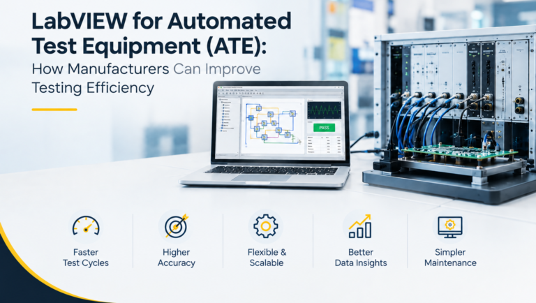 LabVIEW for Automated Test Equipment (ATE) with a test rack and PCB fixture for efficient manufacturing testing