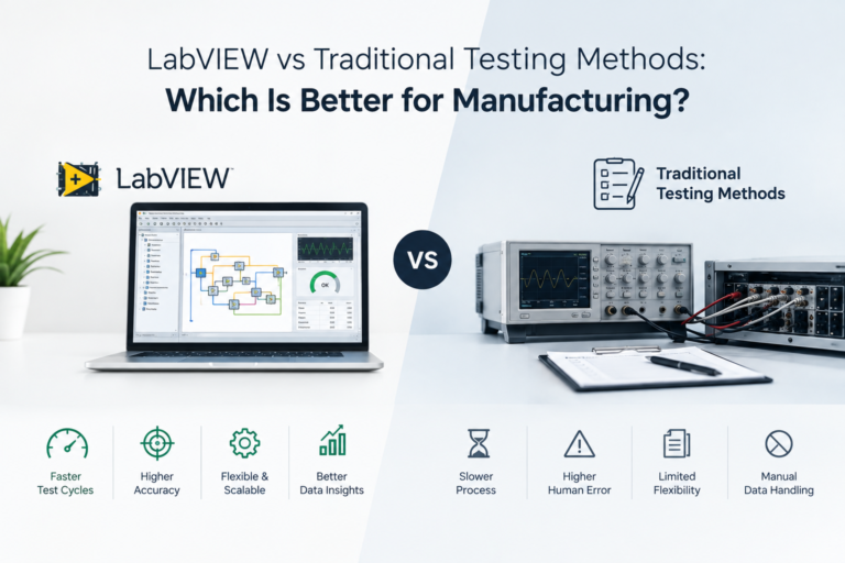 LabVIEW compared with traditional testing methods for manufacturing, showing differences in testing speed, accuracy, flexibility, scalability, and data handling.