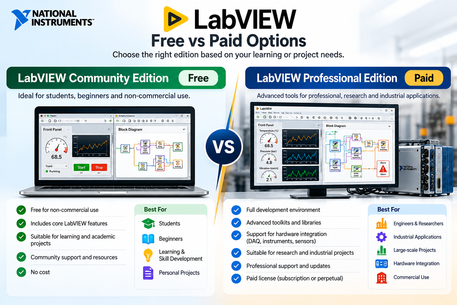 LabVIEW Community Edition free versus Professional Edition paid comparison