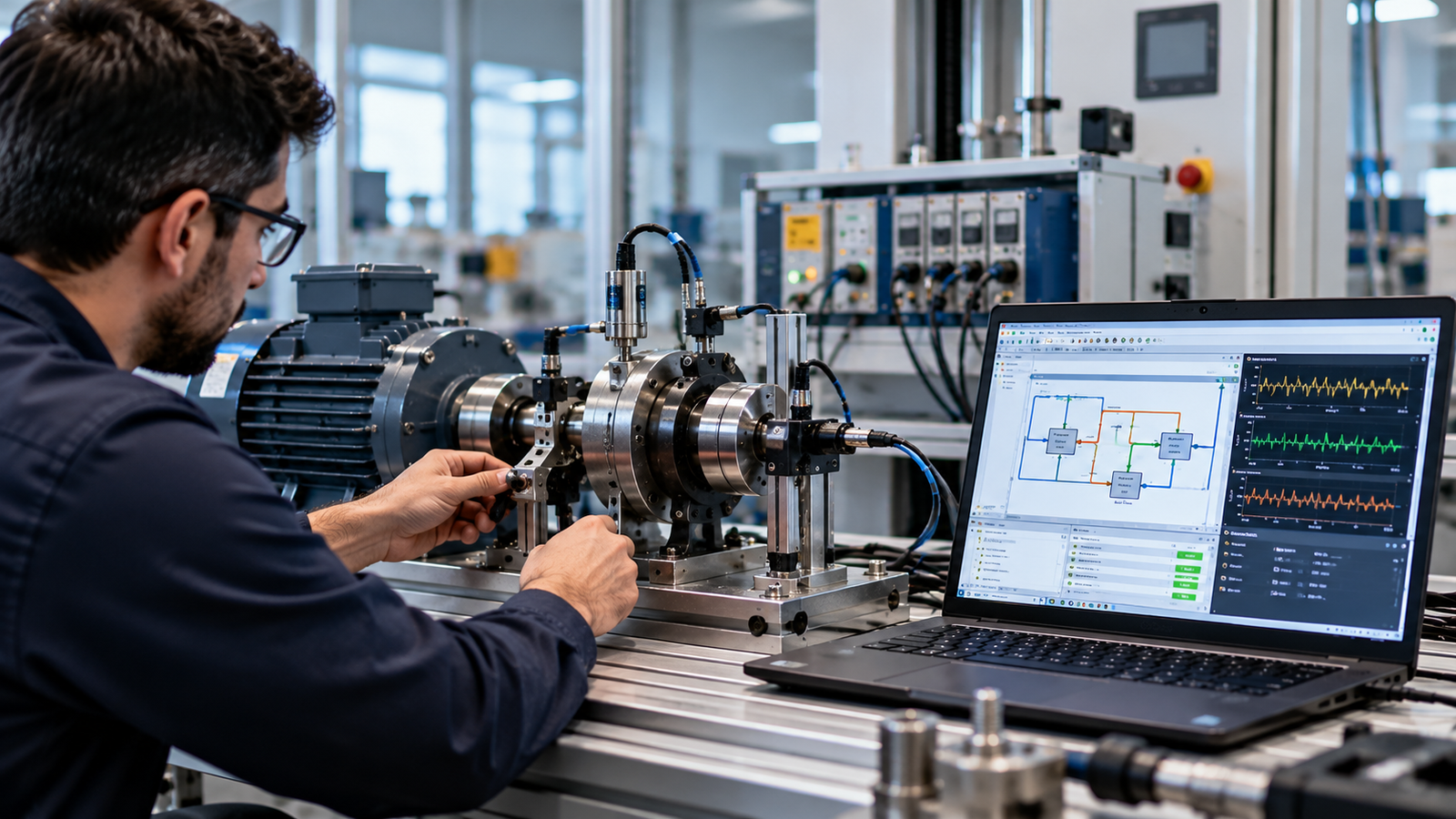 Automated testing setup with LabVIEW-style test interface and measurement equipment
