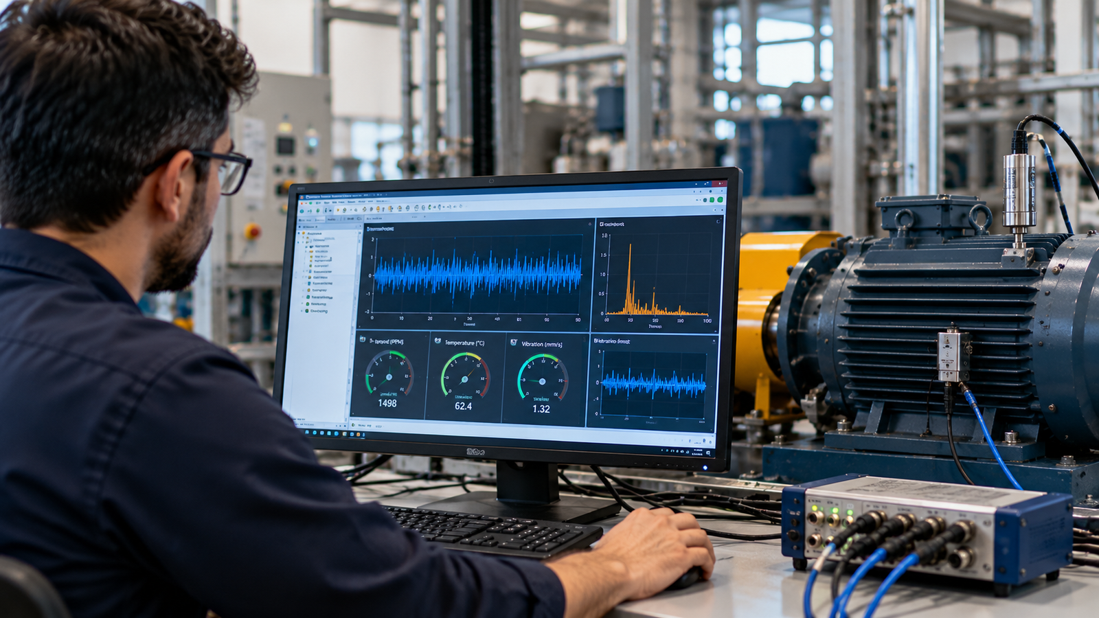 Machine monitoring dashboard showing industrial equipment measurements and alerts