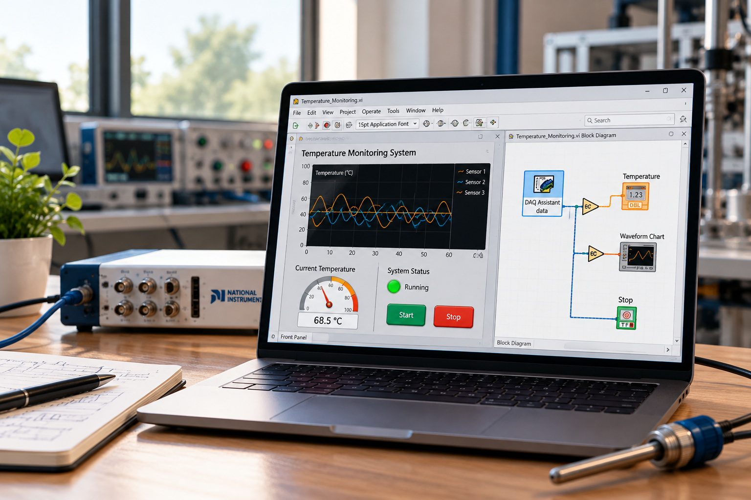 LabVIEW software on a PC showing a temperature monitoring front panel and block diagram